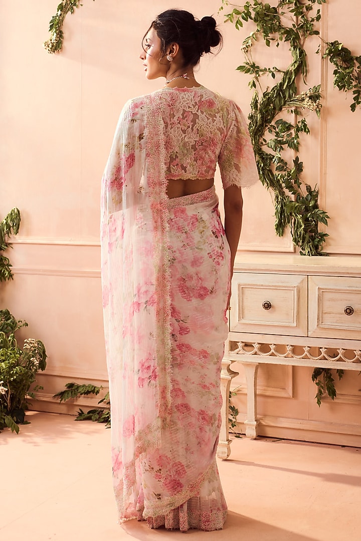 White & Pink Chiffon Printed Reception Saree Set by Roseroom by Isha Jajodia at Pernia's Pop Up Shop