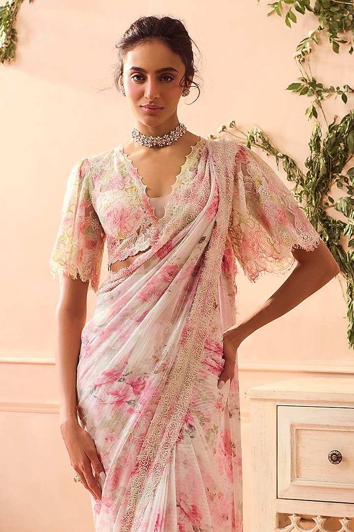 White & Pink Chiffon Printed Reception Saree Set by Roseroom by Isha Jajodia at Pernia's Pop Up Shop