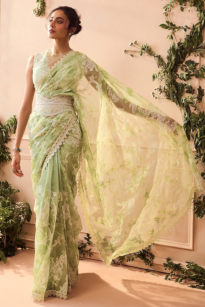 White & Green Silk Organza Lace Applique Saree Set by Roseroom by Isha Jajodia at Pernia's Pop Up Shop