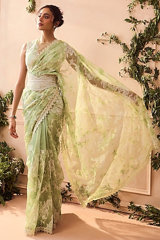 White & Green Silk Organza Lace Applique Saree Set by Roseroom by Isha Jajodia