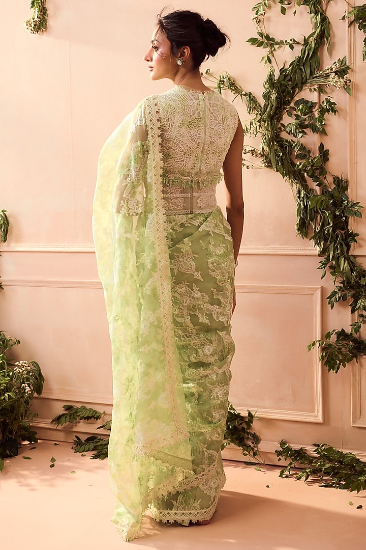 White & Green Silk Organza Lace Applique Reception Saree Set by Roseroom by Isha Jajodia at Pernia's Pop Up Shop