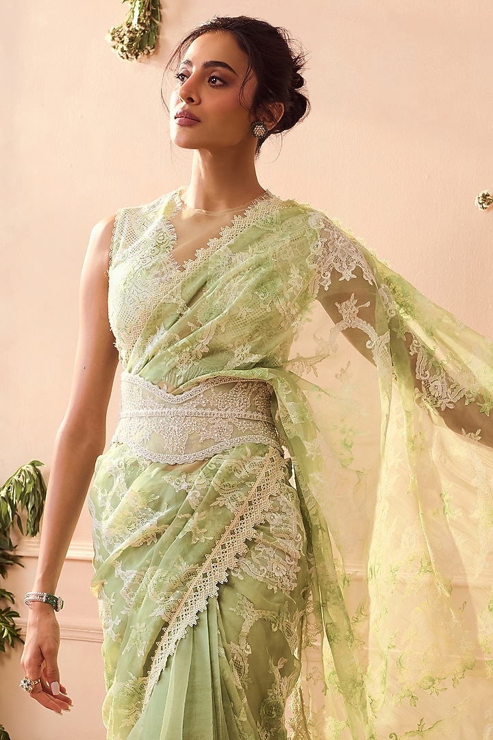 White & Green Silk Organza Lace Applique Reception Saree Set by Roseroom by Isha Jajodia at Pernia's Pop Up Shop