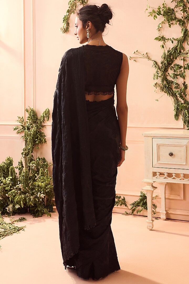 Black Silk Organza Lace Work Reception Saree Set by Roseroom by Isha Jajodia at Pernia's Pop Up Shop