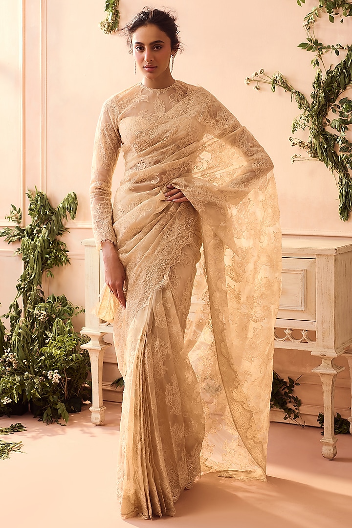 Nude Silk Organza Lace Applique Saree Set by Roseroom by Isha Jajodia at Pernia's Pop Up Shop