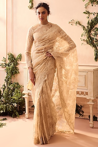 Nude Silk Organza Lace Applique Saree Set by Roseroom by Isha Jajodia
