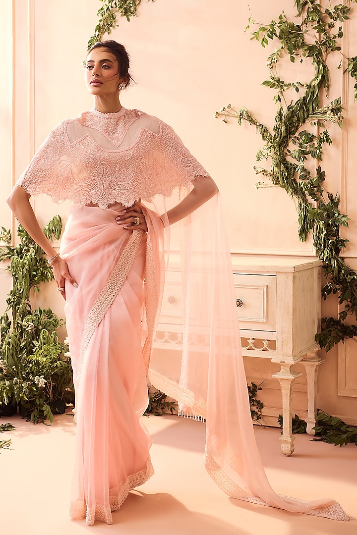 Pink Silk Organza Saree Set by Roseroom by Isha Jajodia at Pernia's Pop Up Shop