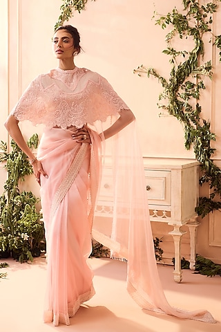 Pink Silk Organza Saree Set by Roseroom by Isha Jajodia