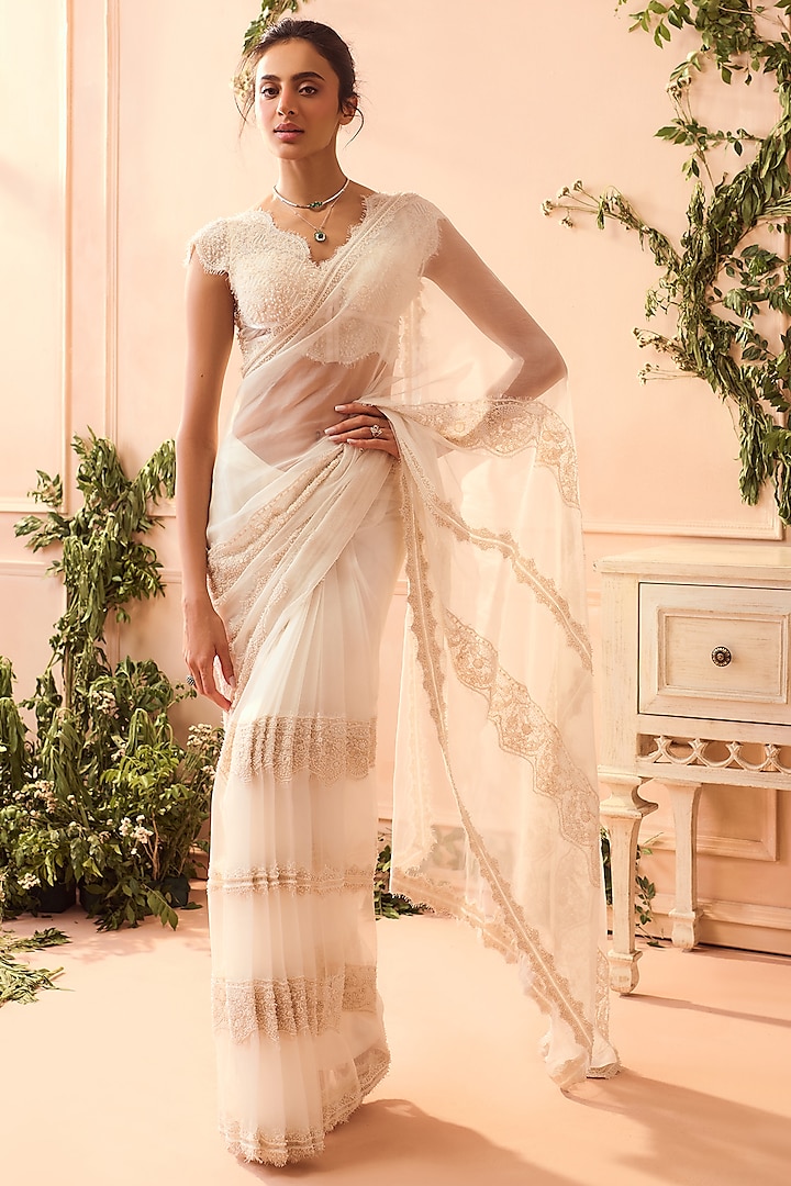 Ivory Silk Organza Saree Set by Roseroom by Isha Jajodia at Pernia's Pop Up Shop