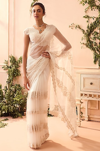 Ivory Silk Organza Saree Set by Roseroom by Isha Jajodia