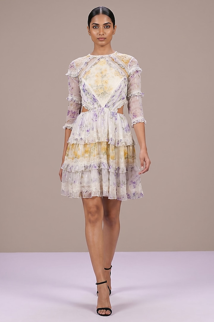 Multi-Colored Chiffon Printed Ruffled Cocktail Dress by Roseroom by Isha Jajodia at Pernia's Pop Up Shop