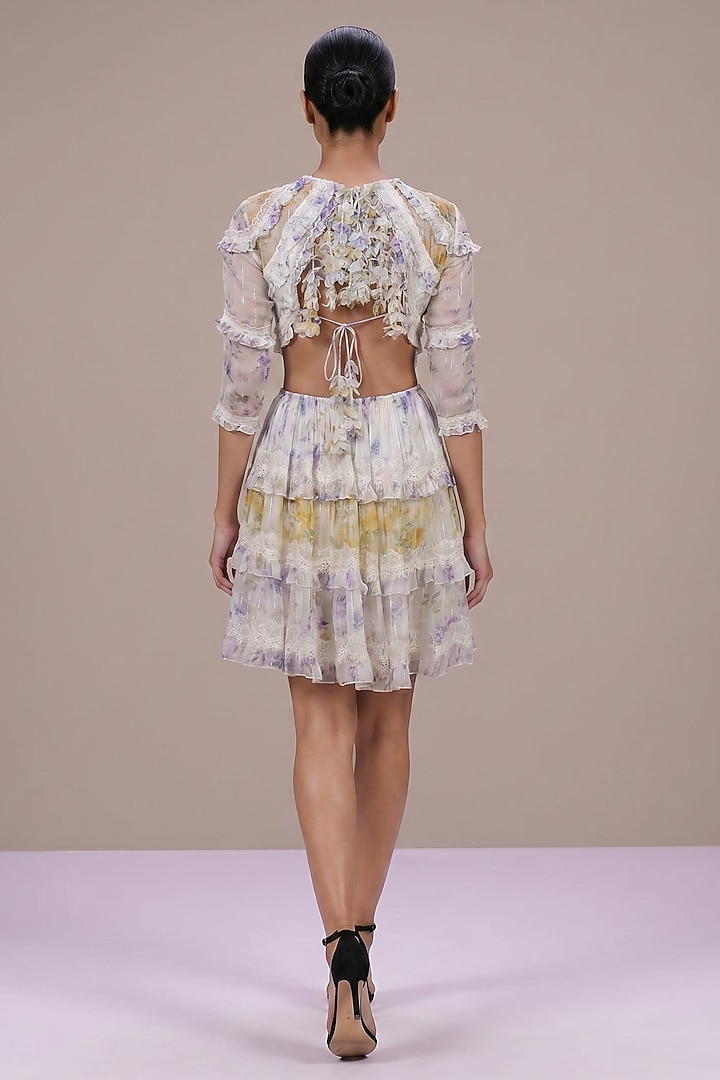 Multi-Colored Chiffon Printed Ruffled Cocktail Dress by Roseroom by Isha Jajodia at Pernia's Pop Up Shop