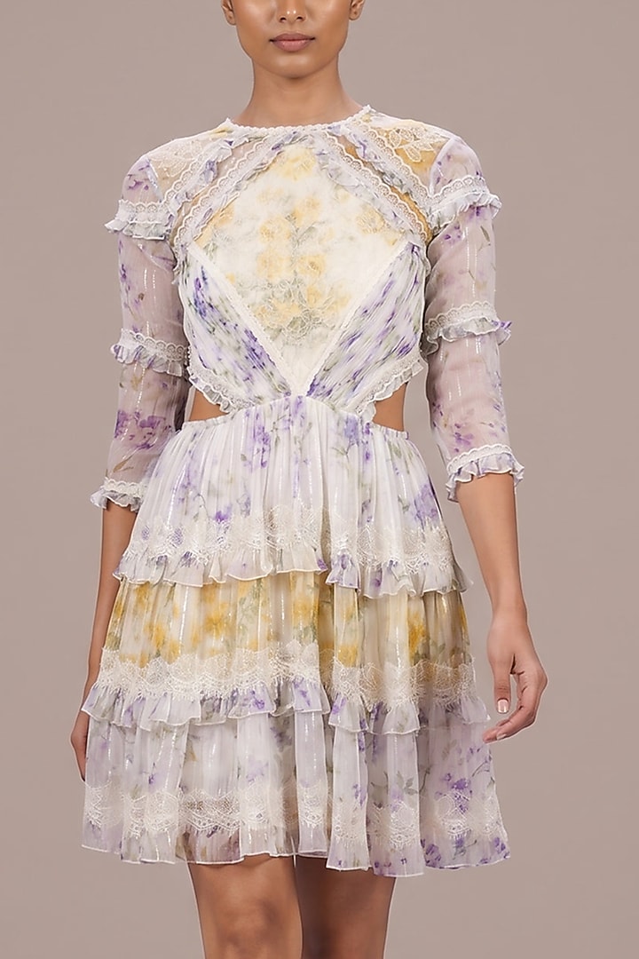 Multi-Colored Chiffon Printed Ruffled Cocktail Dress by Roseroom by Isha Jajodia at Pernia's Pop Up Shop
