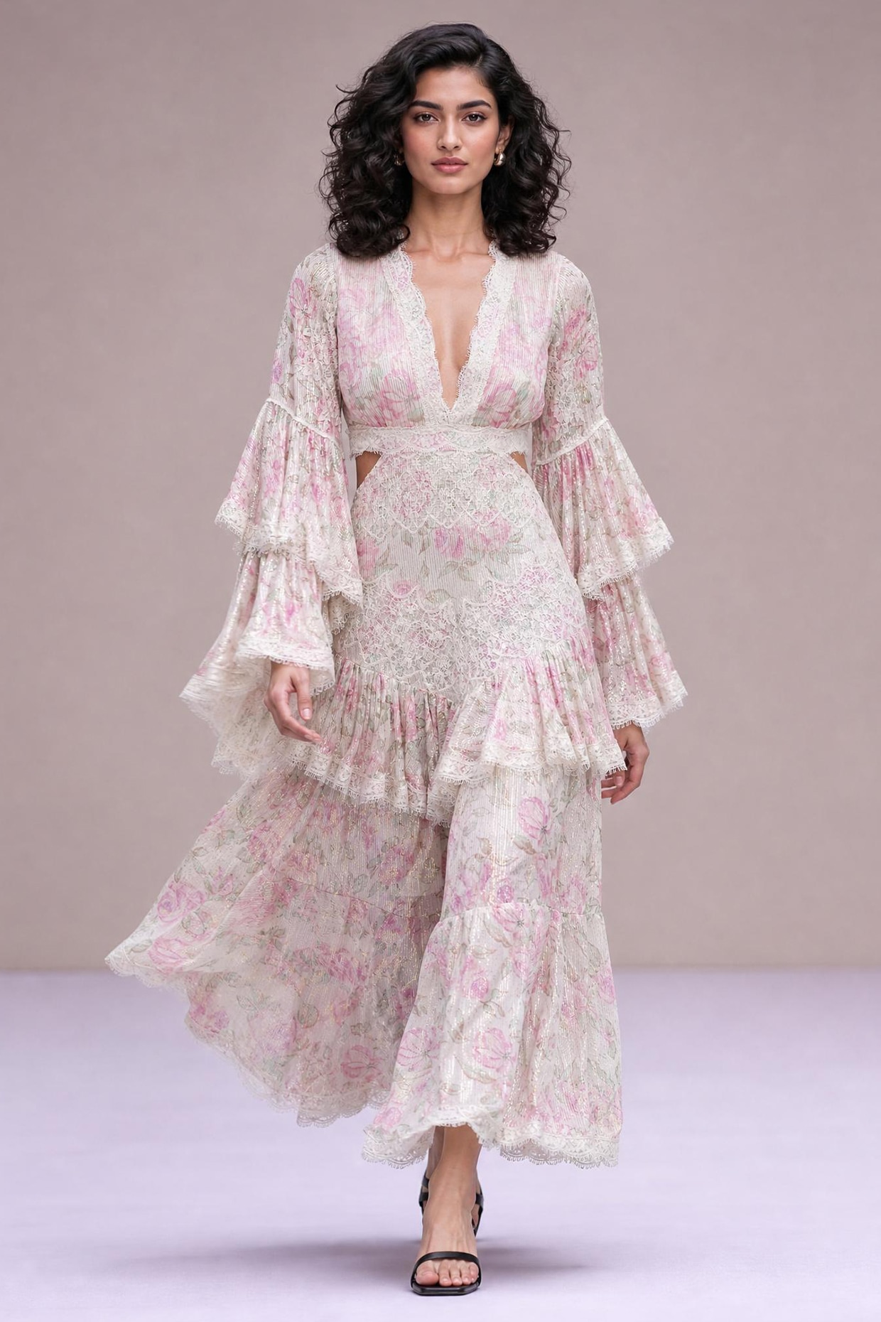 Roseroom by Isha Jajodia Blush Pink & Off-White Chiffon Printed Maxi Ruffled Dress