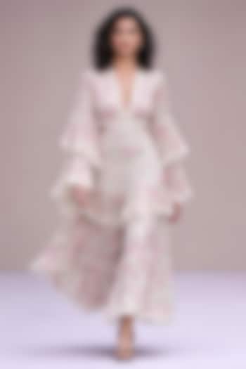 Blush Pink & Off-White Chiffon Printed Maxi Ruffled Party Wear Dress by Roseroom by Isha Jajodia at Pernia's Pop Up Shop