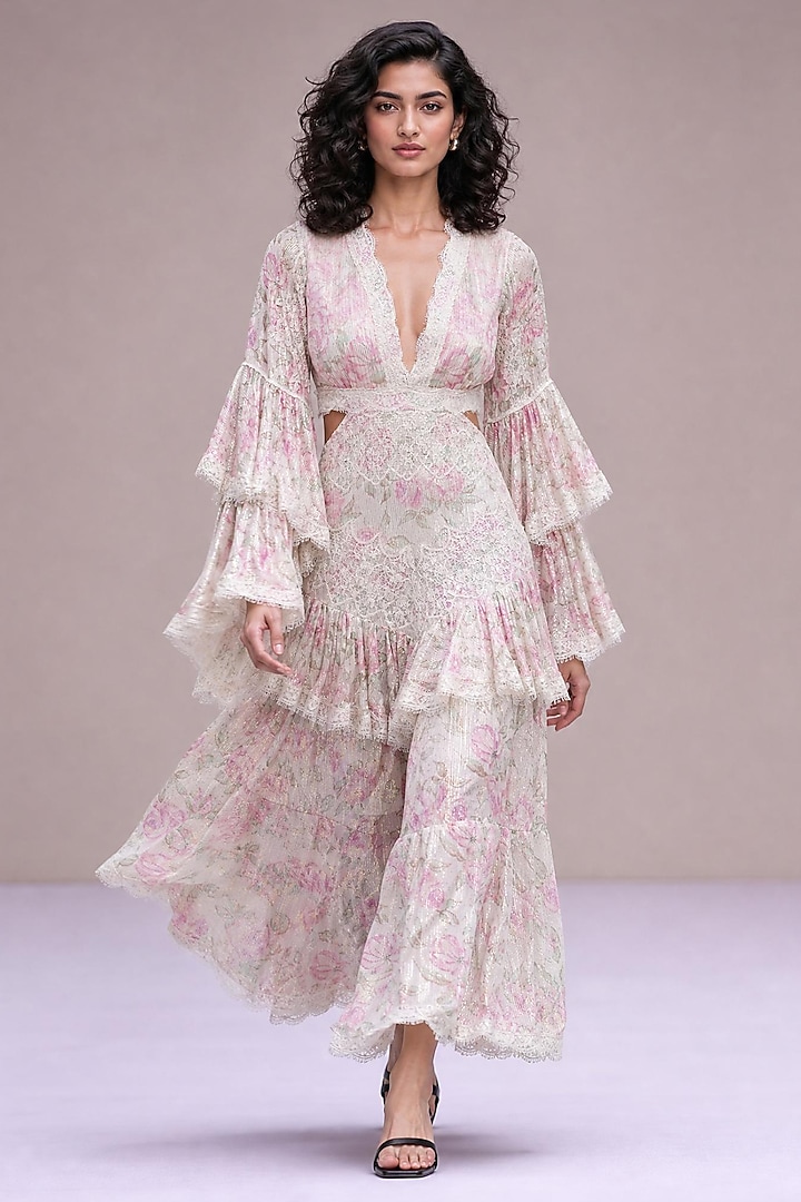 Blush Pink & Off-White Chiffon Printed Maxi Ruffled Party Wear Dress by Roseroom by Isha Jajodia at Pernia's Pop Up Shop