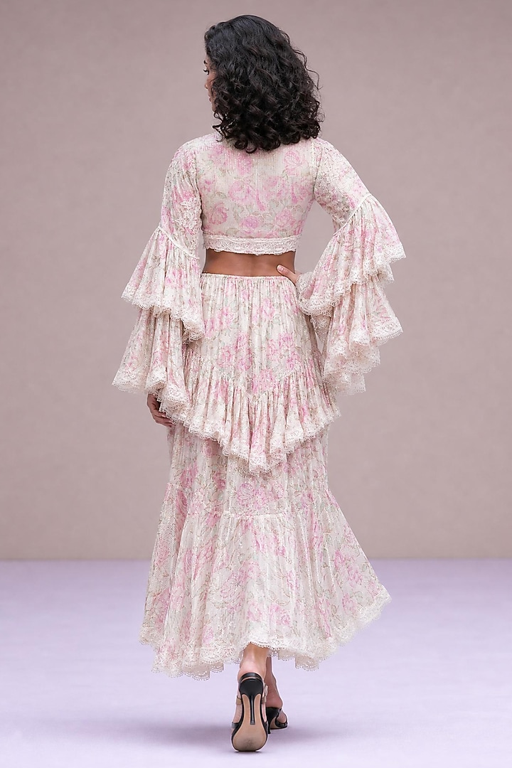 Blush Pink & Off-White Chiffon Printed Maxi Ruffled Party Wear Dress by Roseroom by Isha Jajodia at Pernia's Pop Up Shop