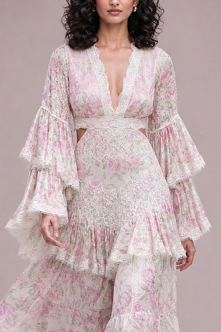 Blush Pink & Off-White Chiffon Printed Maxi Ruffled Party Wear Dress by Roseroom by Isha Jajodia at Pernia's Pop Up Shop