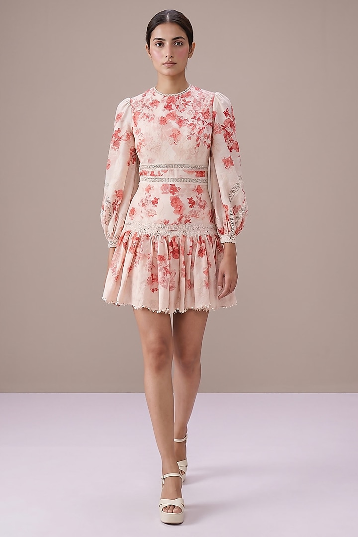 Blush Pink & Ivory Silk Linen Printed Mini Cocktail Dress by Roseroom by Isha Jajodia at Pernia's Pop Up Shop