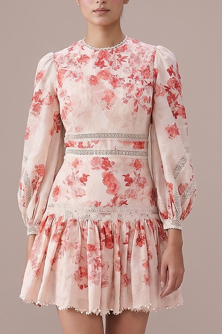 Blush Pink & Ivory Silk Linen Printed Mini Cocktail Dress by Roseroom by Isha Jajodia at Pernia's Pop Up Shop
