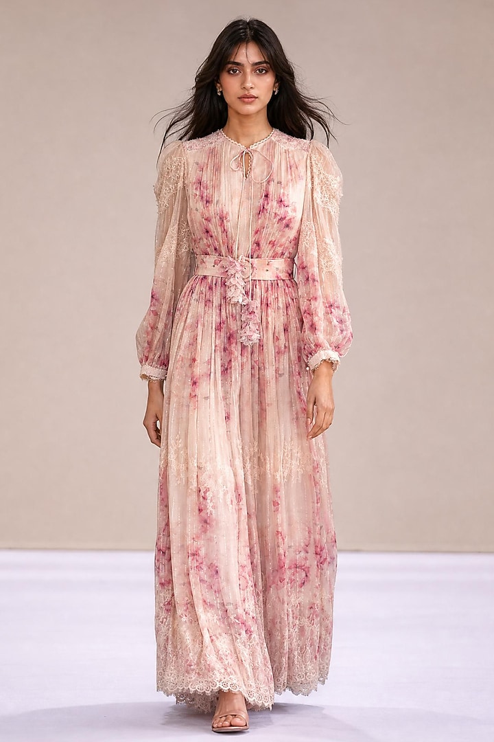 Blush Pink & Ivory Chiffon Printed Maxi Party Wear Dress by Roseroom by Isha Jajodia at Pernia's Pop Up Shop