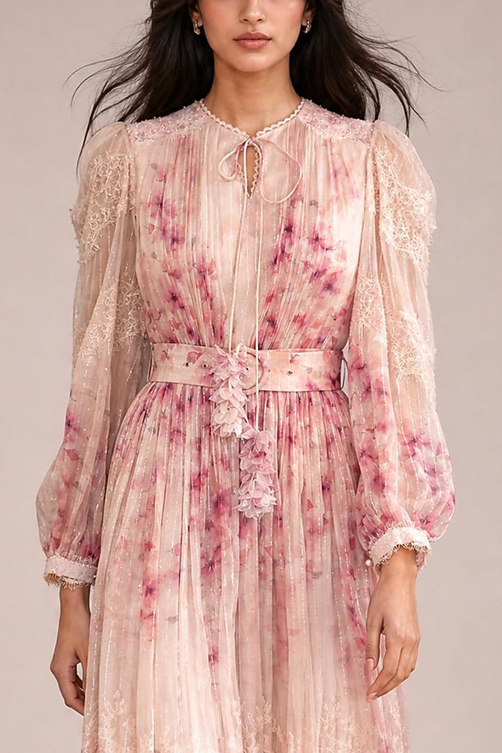 Blush Pink & Ivory Chiffon Printed Maxi Party Wear Dress by Roseroom by Isha Jajodia at Pernia's Pop Up Shop