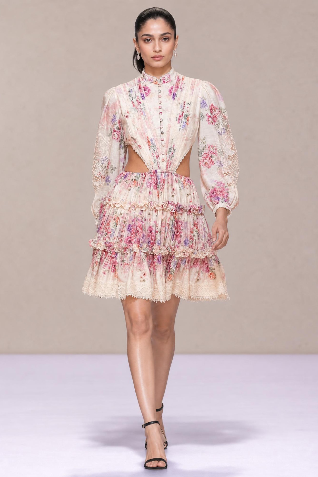 Roseroom by Isha Jajodia Ivory & Blush Pink Silk Linen Printed Mini Tiered Dress