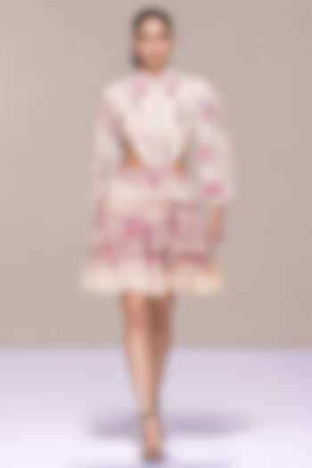 Ivory & Blush Pink Silk Linen Printed Mini Tiered Party Wear Dress by Roseroom by Isha Jajodia at Pernia's Pop Up Shop