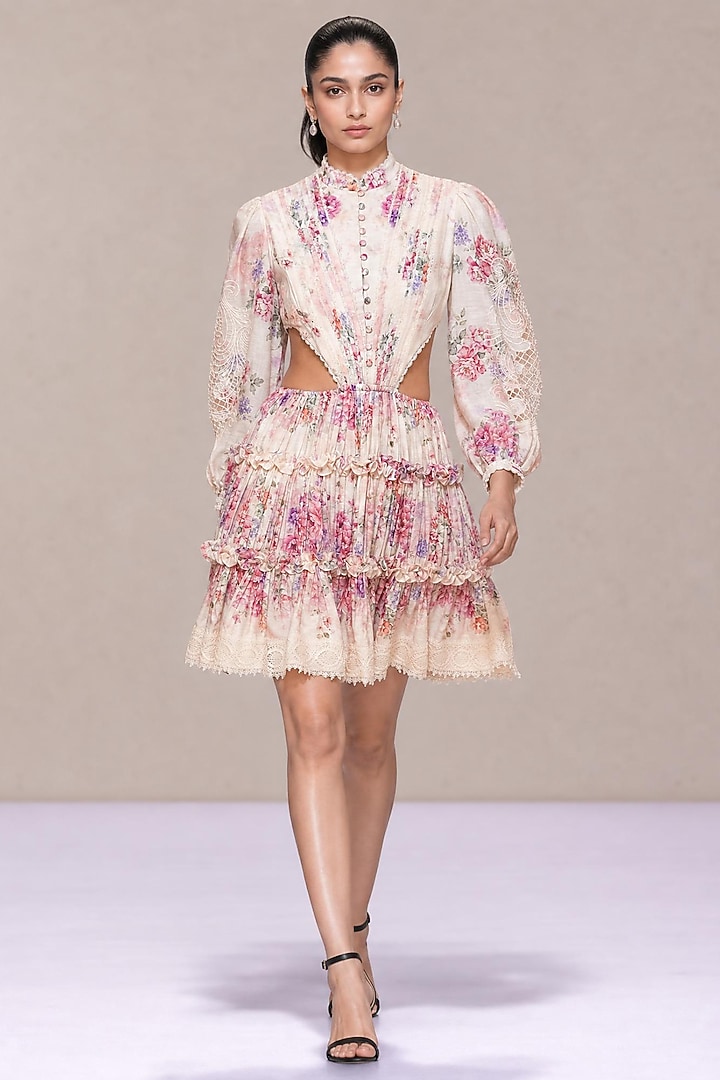 Ivory & Blush Pink Silk Linen Printed Mini Tiered Party Wear Dress by Roseroom by Isha Jajodia at Pernia's Pop Up Shop