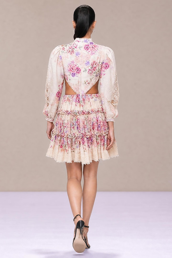 Ivory & Blush Pink Silk Linen Printed Mini Tiered Party Wear Dress by Roseroom by Isha Jajodia at Pernia's Pop Up Shop