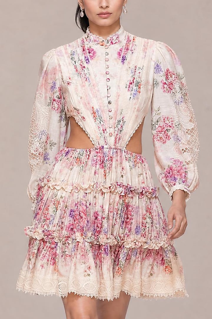 Ivory & Blush Pink Silk Linen Printed Mini Tiered Party Wear Dress by Roseroom by Isha Jajodia at Pernia's Pop Up Shop