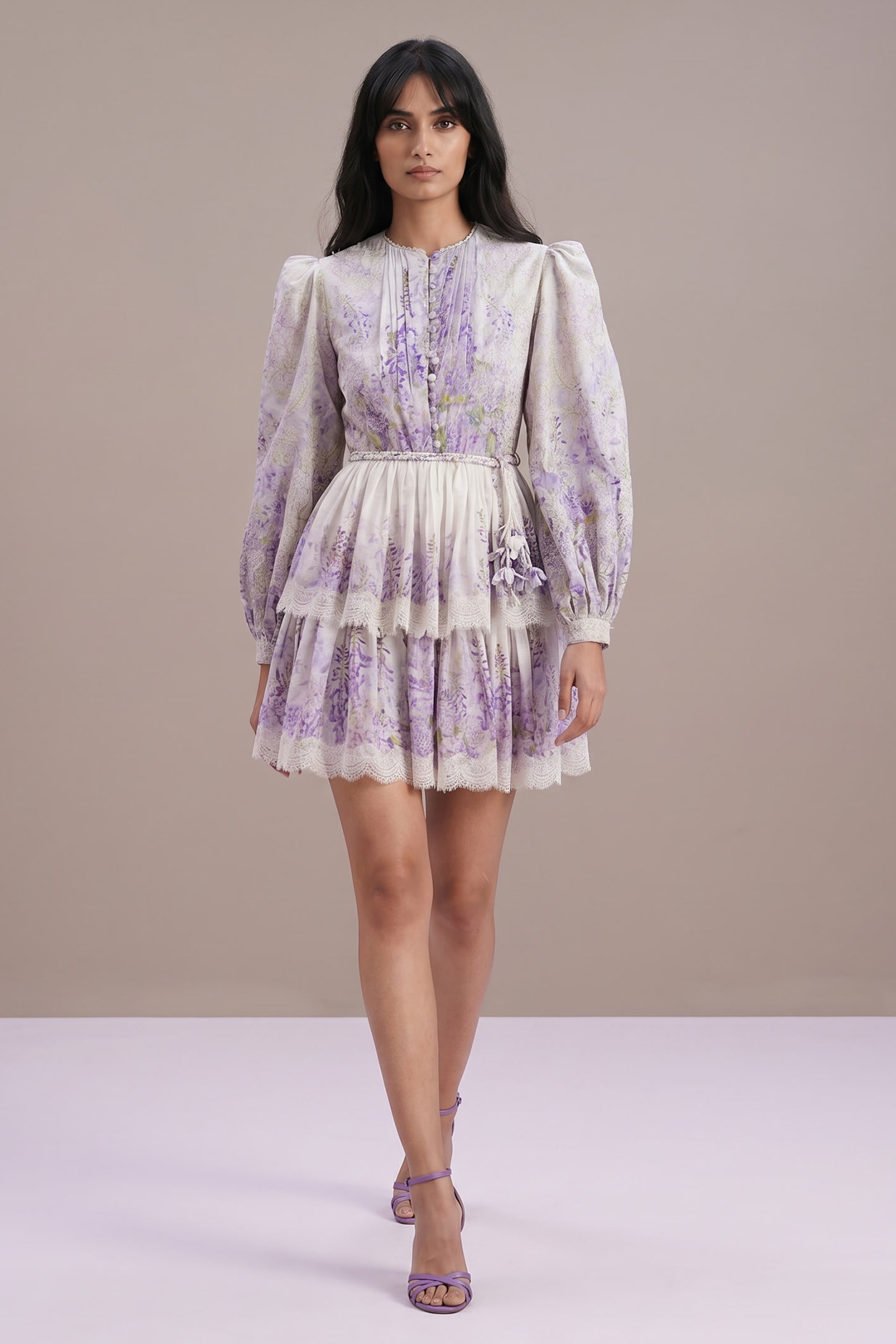 Roseroom by Isha Jajodia Lilac & Ivory Silk Linen Printed Mini Tiered Dress
