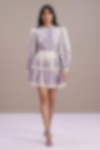 Lilac & Ivory Silk Linen Printed Mini Tiered Party Wear Dress by Roseroom by Isha Jajodia at Pernia's Pop Up Shop