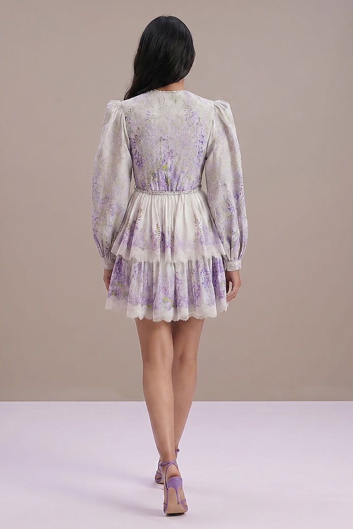 Lilac & Ivory Silk Linen Printed Mini Tiered Party Wear Dress by Roseroom by Isha Jajodia at Pernia's Pop Up Shop
