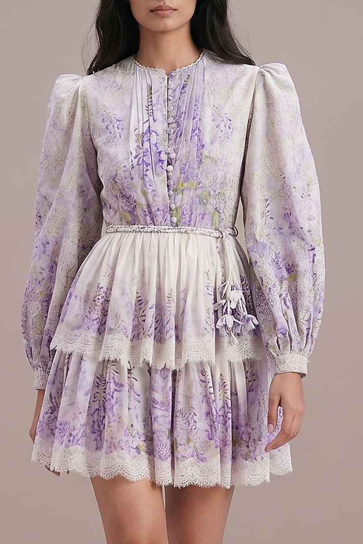 Lilac & Ivory Silk Linen Printed Mini Tiered Party Wear Dress by Roseroom by Isha Jajodia at Pernia's Pop Up Shop