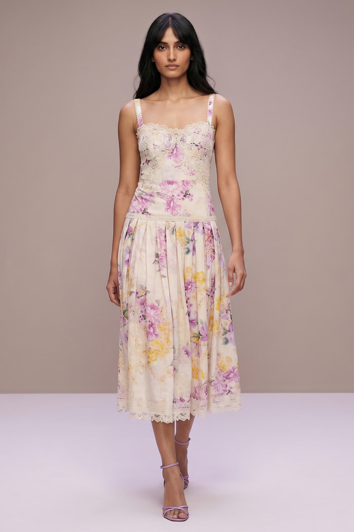 Roseroom by Isha Jajodia Multi-Colored Silk Satin & Cotton Voile Floral Printed Dress