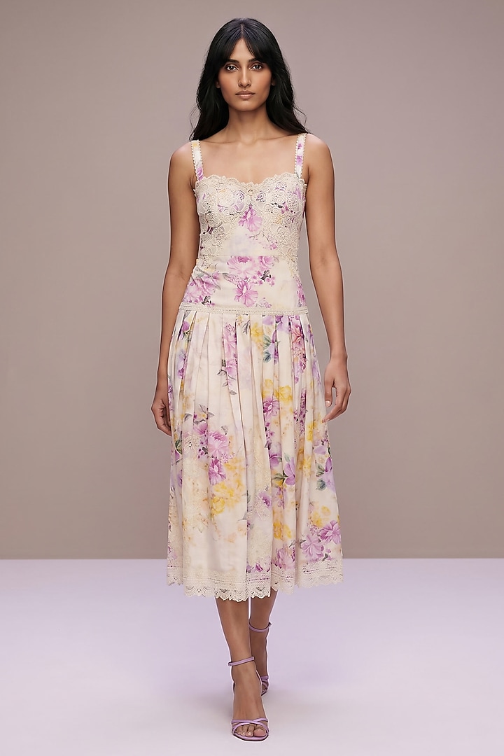 Multi-Colored Silk Satin & Cotton Voile Floral Printed Party Wear Dress by Roseroom by Isha Jajodia at Pernia's Pop Up Shop