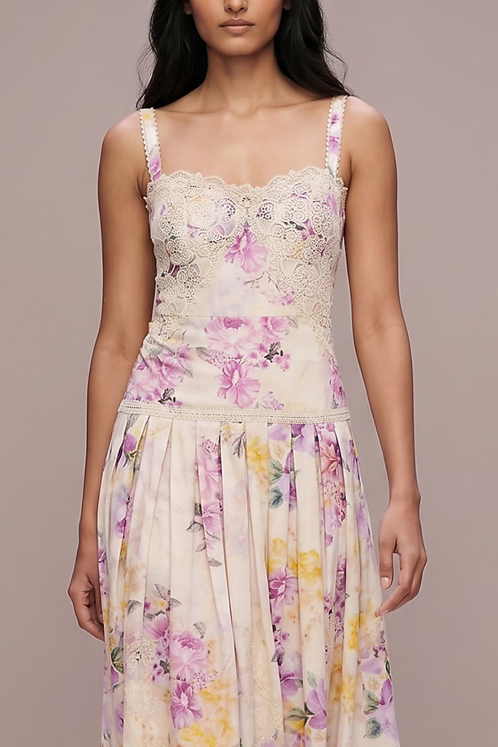 Multi-Colored Silk Satin & Cotton Voile Floral Printed Party Wear Dress by Roseroom by Isha Jajodia at Pernia's Pop Up Shop
