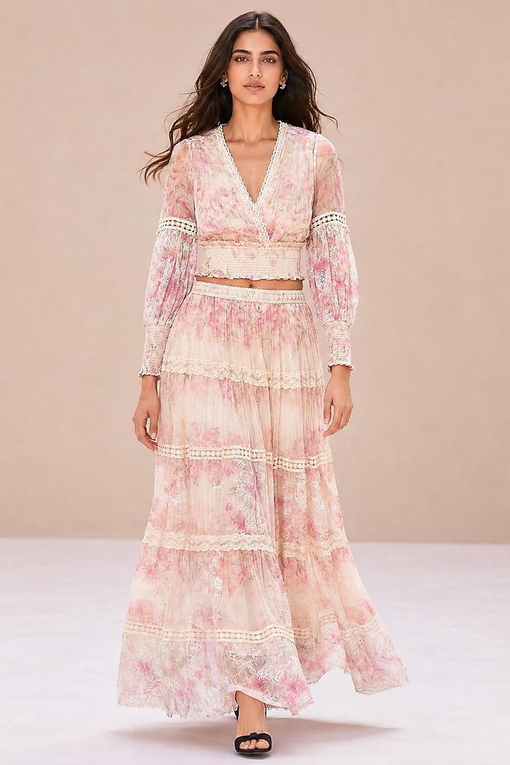 Multi-Colored Chiffon Floral Printed Tiered Skirt Set by Roseroom by Isha Jajodia at Pernia's Pop Up Shop