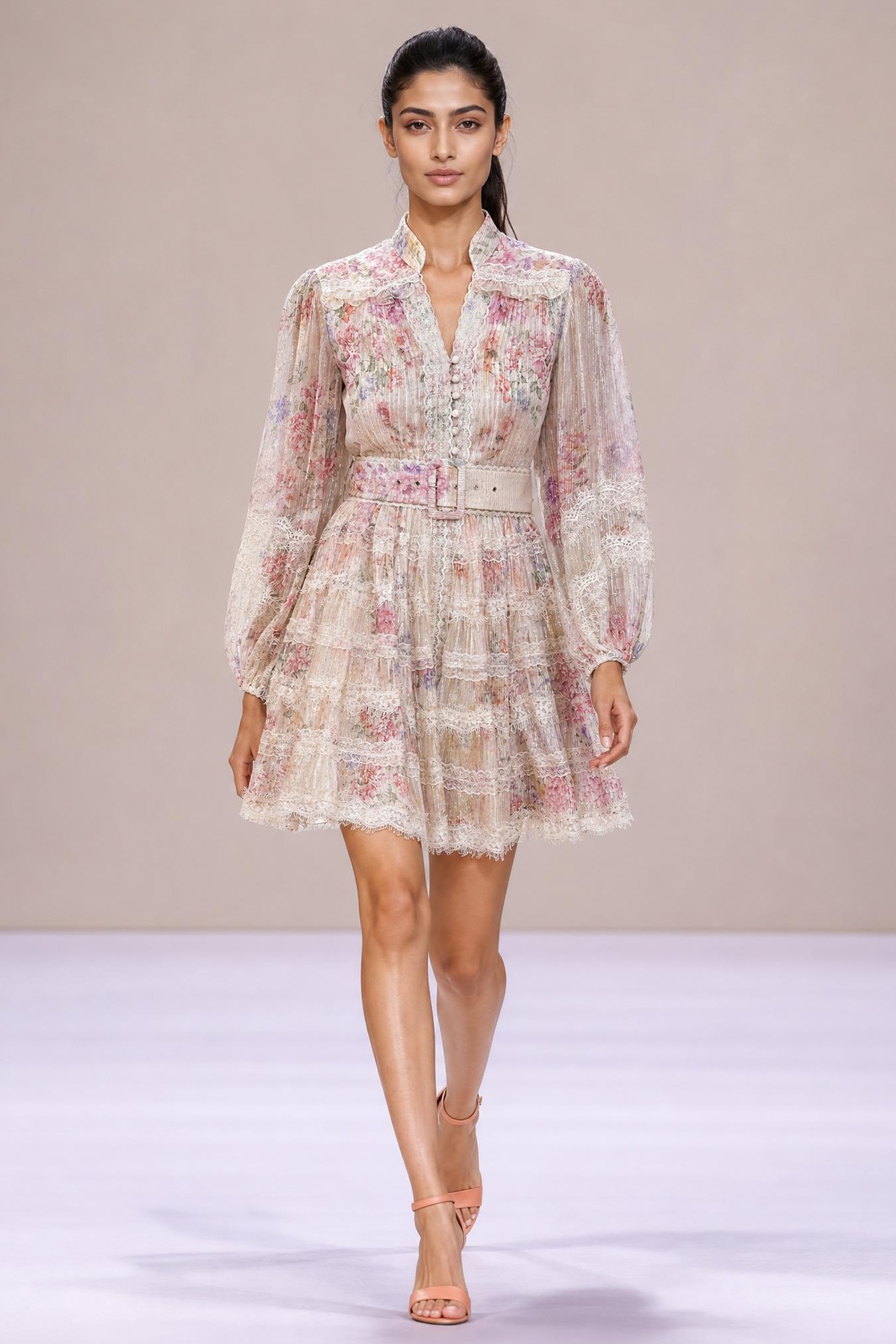 Roseroom by Isha Jajodia Off-White & Blush Chiffon Floral Printed Mini Dress