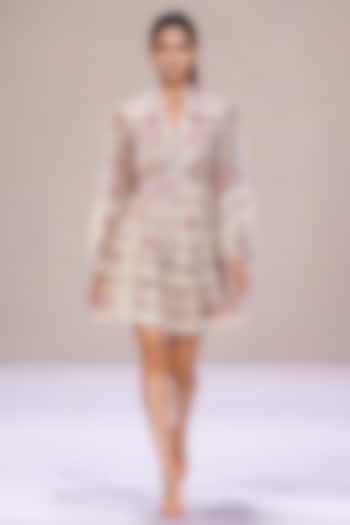Off-White & Blush Chiffon Floral Printed Mini Party Wear Dress by Roseroom by Isha Jajodia at Pernia's Pop Up Shop