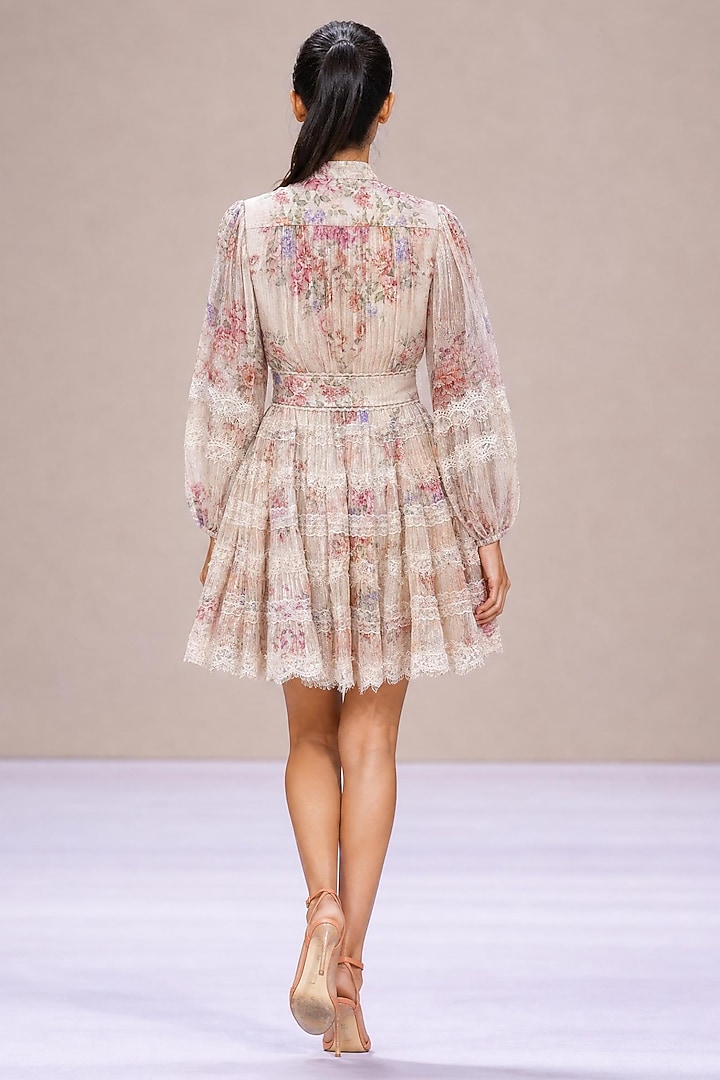 Off-White & Blush Chiffon Floral Printed Mini Party Wear Dress by Roseroom by Isha Jajodia at Pernia's Pop Up Shop