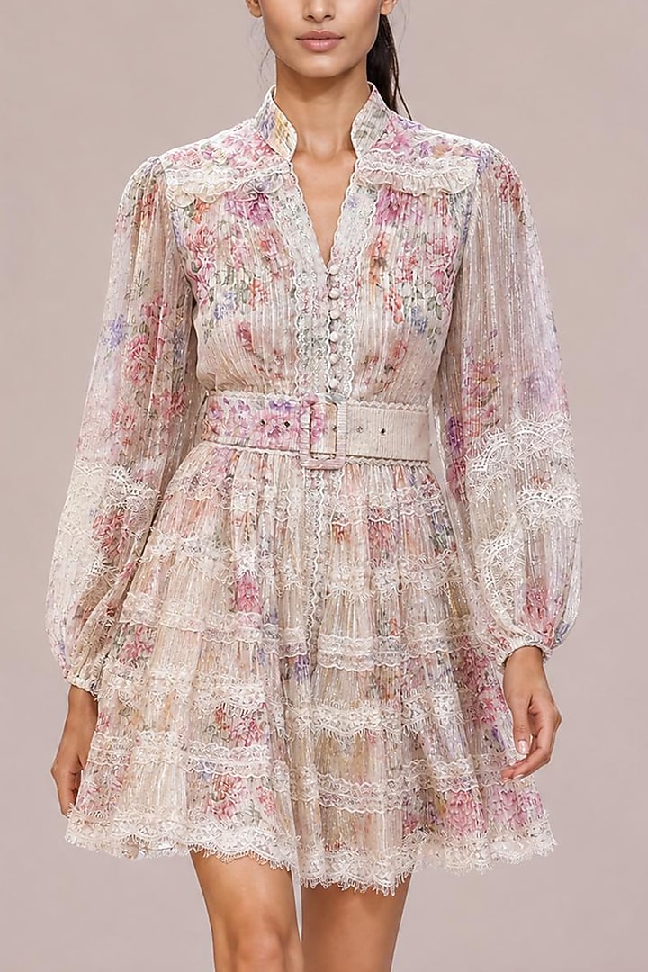 Off-White & Blush Chiffon Floral Printed Mini Party Wear Dress by Roseroom by Isha Jajodia at Pernia's Pop Up Shop