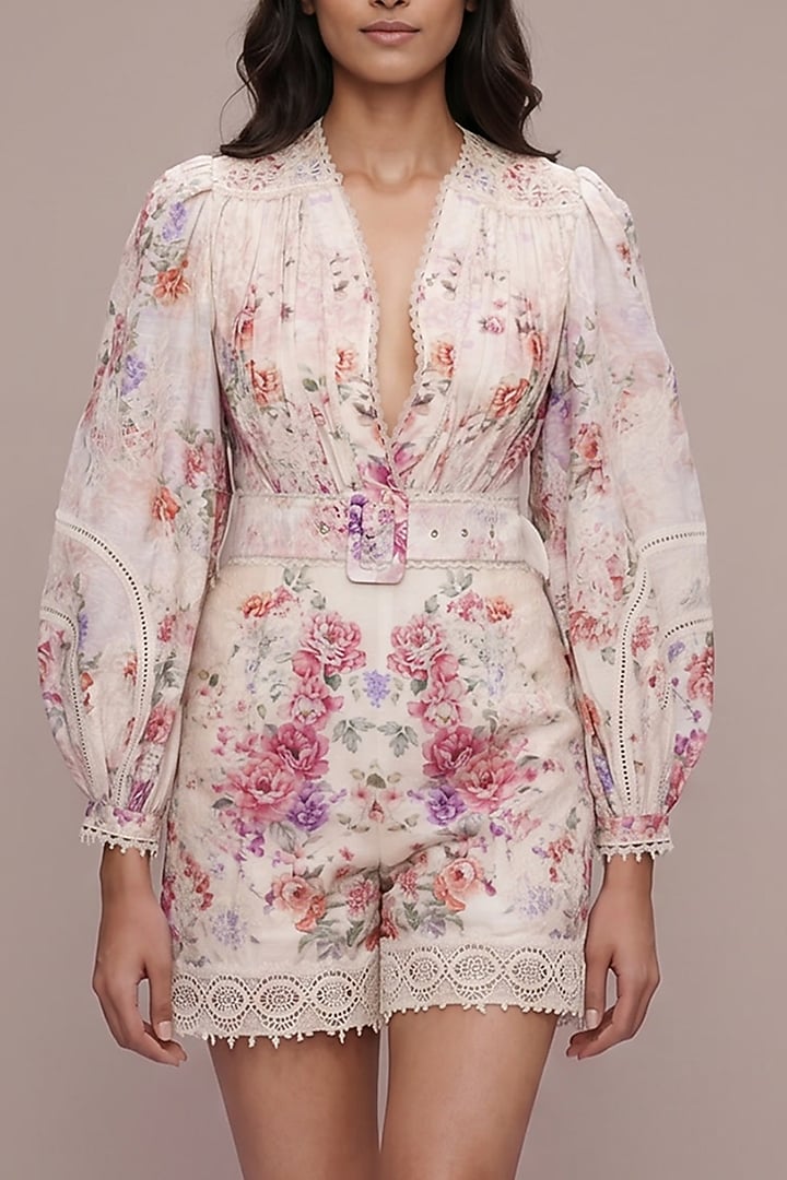 Ivory & Blush Pink Silk Linen Floral Printed Romper by Roseroom by Isha Jajodia at Pernia's Pop Up Shop
