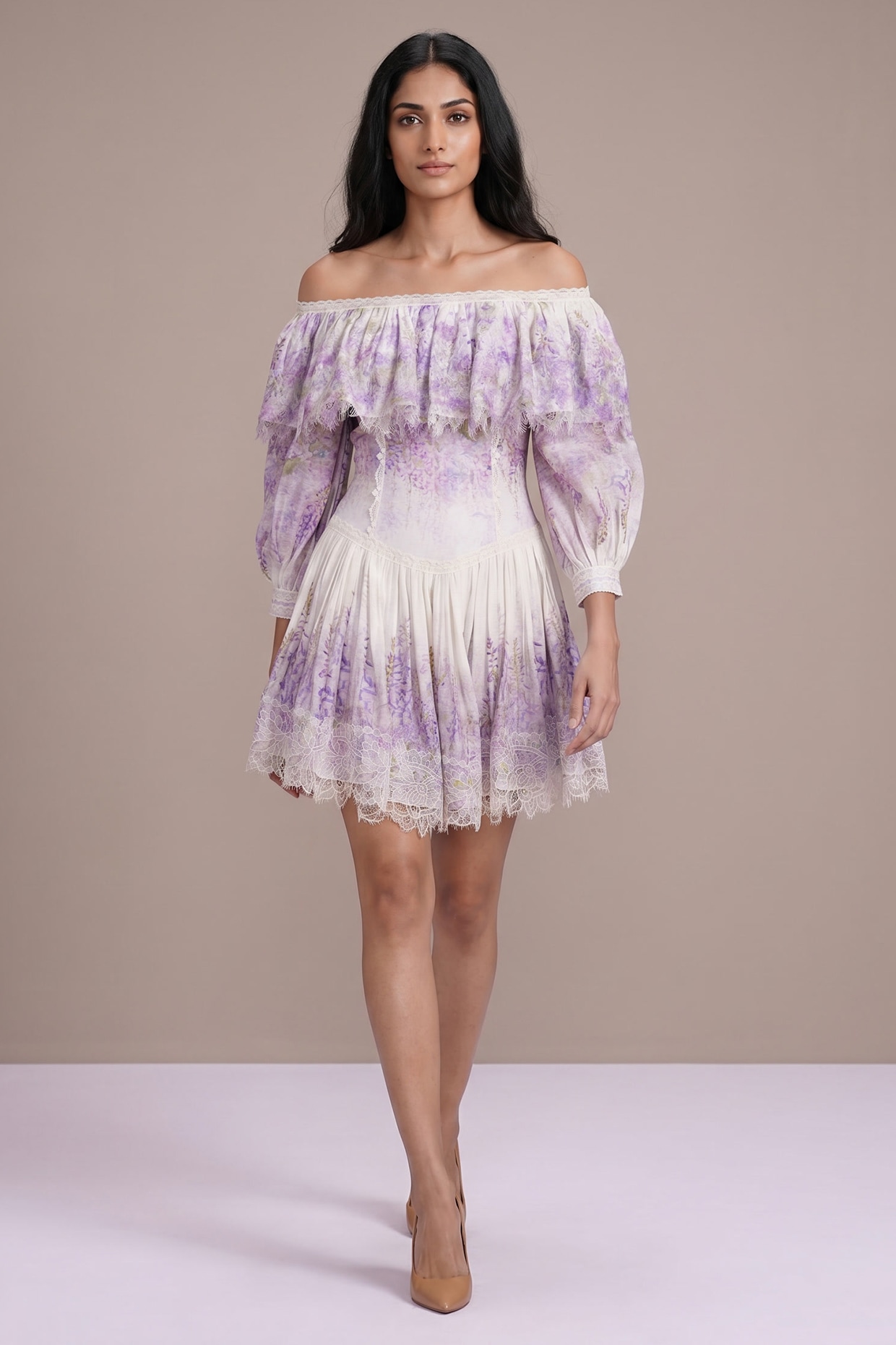 Roseroom by Isha Jajodia Lavender & Off-White Silk Linen Printed Off-Shoulder Dress
