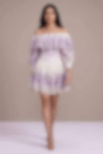 Lavender & Off-White Silk Linen Printed Off-Shoulder Party Wear Dress by Roseroom by Isha Jajodia at Pernia's Pop Up Shop