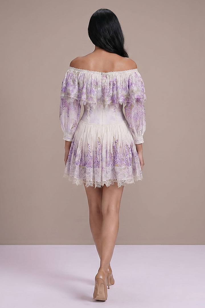 Lavender & Off-White Silk Linen Printed Off-Shoulder Party Wear Dress by Roseroom by Isha Jajodia at Pernia's Pop Up Shop