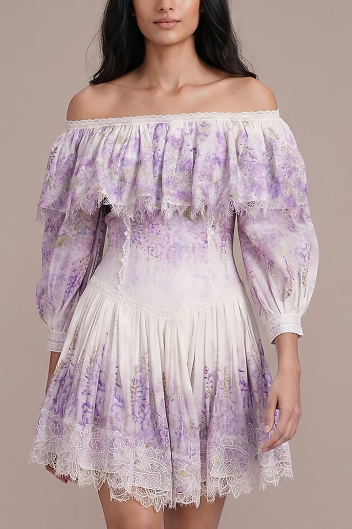 Lavender & Off-White Silk Linen Printed Off-Shoulder Party Wear Dress by Roseroom by Isha Jajodia at Pernia's Pop Up Shop