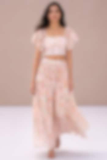 Blush Pink & Ivory Silk Linen Floral Printed Skirt Set by Roseroom by Isha Jajodia at Pernia's Pop Up Shop