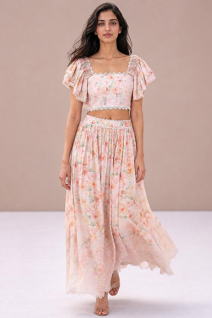 Blush Pink & Ivory Silk Linen Floral Printed Skirt Set by Roseroom by Isha Jajodia at Pernia's Pop Up Shop