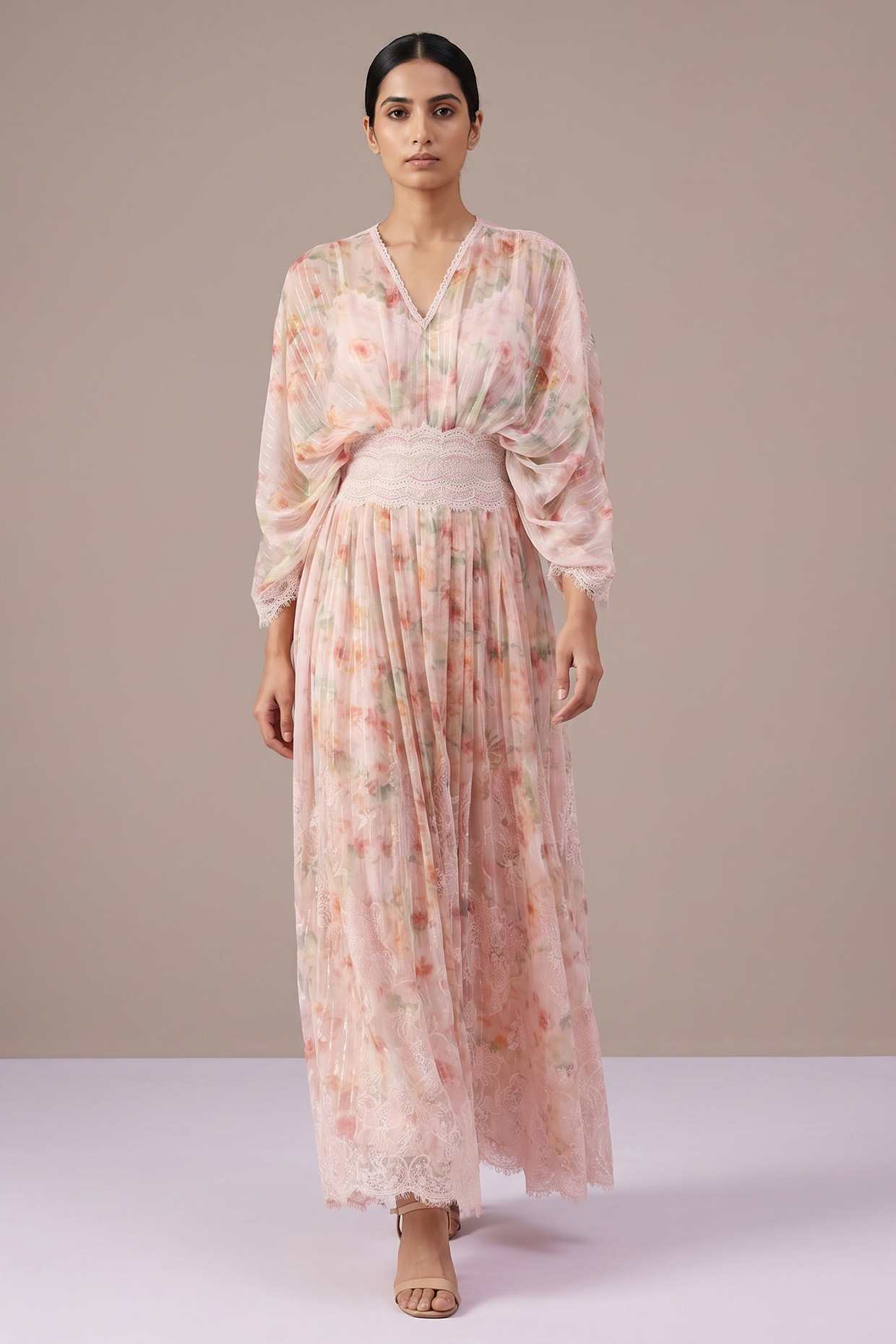Roseroom by Isha Jajodia Blush Pink & Ivory Chiffon Floral Printed Gathered Kaftan